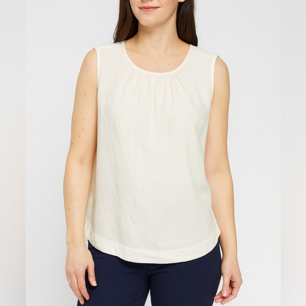 Donna Karan Linen Cream Tan Sleeveless Casual Spring Summer Designer Blouse Tops